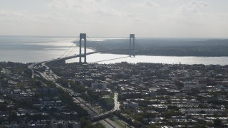 4K aerial stock footage of a view of the Verrazano-Narrows Bridge, Brooklyn, New York Aerial Stock Footage | AX88_031