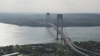 4K aerial stock footage flyby the Verrazano-Narrows Bridge and The Narrows, seen from Brooklyn, New York Aerial Stock Footage | AX88_079