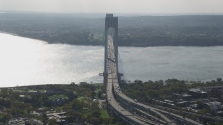 4K aerial stock footage flyby Verrazano-Narrows Bridge and The Narrows, Brooklyn, New York Aerial Stock Footage | AX88_080