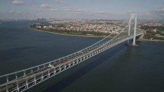 4K aerial stock footage fly beside the Verrazano-Narrows Bridge, The Narrows, New York, New York Aerial Stock Footage | AX88_086