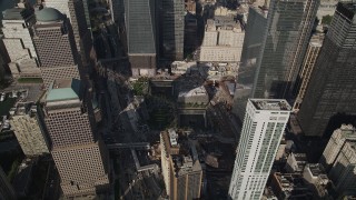 4K aerial stock footage flyby skyscrapers and World Trade Center Memorial in Lower Manhattan, New York Aerial Stock Footage | AX88_133