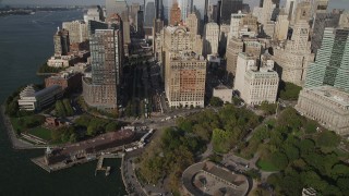 4K aerial stock footage tilt from Battery Park, reveal Lower Manhattan skyscrapers, New York, New York Aerial Stock Footage | AX88_147