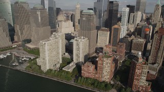 4K aerial stock footage of flying by World Trade Center Towers and skyscrapers in Lower Manhattan, New York Aerial Stock Footage | AX88_150