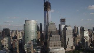 4K aerial stock footage of a view of World Trade Center skyscrapers and Freedom Tower, Lower Manhattan, New York Aerial Stock Footage | AX88_152