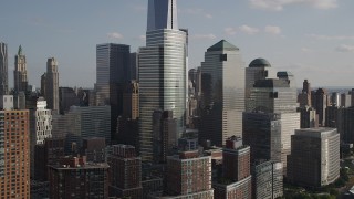 4K aerial stock footage of flying away from World Trade Center skyscrapers in Lower Manhattan, New York Aerial Stock Footage | AX88_153