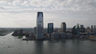 4K aerial stock footage of approaching Goldman Sachs Tower skyscraper, Downtown Jersey City, New Jersey Aerial Stock Footage | AX88_166