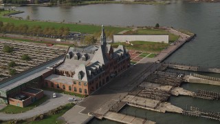 4K aerial stock footage of orbiting Central Railroad Terminal in Jersey City, New Jersey Aerial Stock Footage | AX88_177