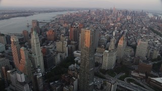 4K aerial stock footage Flying by Lower Manhattan,8 Spruce Street, New York, New York, sunset Aerial Stock Footage | AX89_007