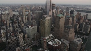 4K aerial stock footage of World Trade Center, skyscrapers, Lower Manhattan, New York, sunset Aerial Stock Footage | AX89_025