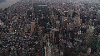 4K aerial stock footage Approaching skyscrapers, Midtown Manhattan, New York, New York, twilight Aerial Stock Footage | AX89_053