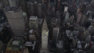 4K aerial stock footage Bird's eye view of Chrysler Building, Midtown Manhattan, New York, twilight Aerial Stock Footage | AX89_063