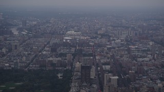 4K aerial stock footage Flying by Yankee Stadium, Central Park, New York, New York, twilight Aerial Stock Footage | AX89_067