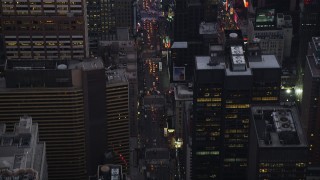 4K aerial stock footage Fly over 7th Avenue, reveal Times Square, Midtown Manhattan, New York, twilight Aerial Stock Footage | AX89_072