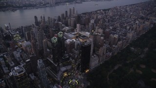 4K aerial stock footage Flying by skyscrapers, Columbus Circle, Upper West Side, New York, twilight Aerial Stock Footage | AX89_086