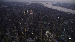 4K aerial stock footage Approaching Empire State Building, Lower Manhattan, New York, twilight Aerial Stock Footage | AX89_096