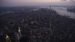 4K aerial stock footage Approaching Lower Manhattan, New York, New York, twilight Aerial Stock Footage | AX89_098