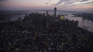 4K aerial stock footage Flying by Lower Manhattan, New York, New York, twilight Aerial Stock Footage | AX89_102