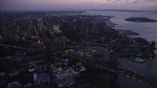 4K aerial stock footage Tilting down on Manhattan Bridge, Brooklyn, New York, New York, twilight Aerial Stock Footage | AX89_107