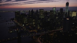 4K aerial stock footage Approaching Lower Manhattan, New York, New York, twilight Aerial Stock Footage | AX89_130