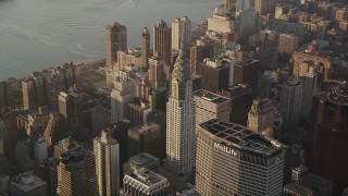 4K aerial stock footage Flying by Chrysler Building, Midtown Manhattan, New York, New York, sunrise Aerial Stock Footage | AX90_085