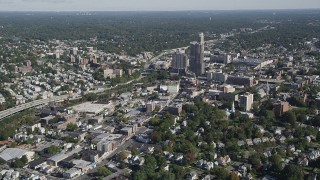 4K aerial stock footage of flying by shops and office buildings, New Rochelle, New York Aerial Stock Footage | AX91_030