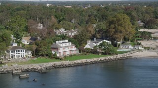 4K aerial stock footage of flying by ocean and beachfront mansions, Mamaroneck, New York Aerial Stock Footage | AX91_039