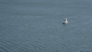 4K aerial stock footage of flying by a fishing boat, Long Island Sound, New York Aerial Stock Footage | AX91_054