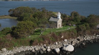 AX91_057 - 4K aerial stock footage of approaching the lighthouse on Great Captain Island, Greenwich, Connecticut