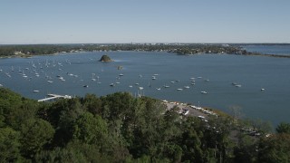 AX91_063 - 4K aerial stock footage fly over Greenwich Point Park, approach Greenwich Cove, Greenwich, Connecticut