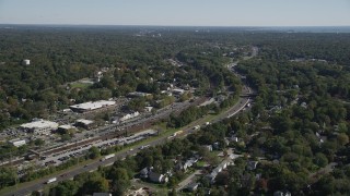 AX91_083 - 4K aerial stock footage of flying by the Connecticut Turnpike freeway, Darien, Connecticut