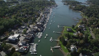 AX91_092 - 4K aerial stock footage flyby waterfront property, boats and docks on Five Mile River, Norwalk, Connecticut