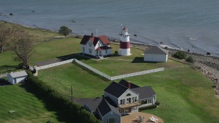 4K aerial stock footage of approaching Stratford Point Light in Stratford, Connecticut Aerial Stock Footage | AX91_123