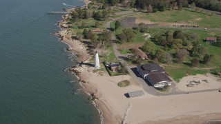 4K aerial stock footage of approaching Lighthouse Point in New Haven, Connecticut Aerial Stock Footage | AX91_131