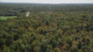 4K aerial stock footage of panning and flying over lush forest, autumn, Guilford, Connecticut Aerial Stock Footage | AX91_175