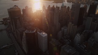 4K aerial stock footage Approaching 70 Pine Street, 60 Wall Street, Lower Manhattan, New York, sunset Aerial Stock Footage | AX93_069