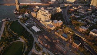 4K aerial stock footage Panning away from Brooklyn, revealing Brooklyn Bridge, New York, New York, sunset Aerial Stock Footage | AX93_080