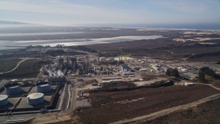 AXSF02_019 - 5K aerial stock footage fly away from and around Phillips 66 Company Santa Maria Refinery, Arroyo Grande, California