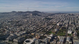 5K aerial stock footage flyby City Hall toward Western Addition urban neighborhoods and Mount Sutro, San Francisco, California Aerial Stock Footage | AXSF05_011