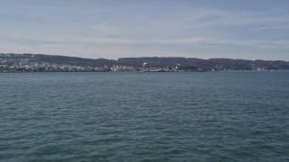 5K aerial stock footage fly over the bay to approach Palace of Fine Arts in Marina District, San Francisco, California Aerial Stock Footage | AXSF05_026