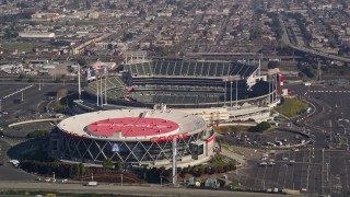 5K aerial stock footage flying by O.co Coliseum and the Oracle Arena, Oakland, California Aerial Stock Footage | AXSF05_090