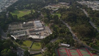 AXSF06_027 - 5K aerial stock footage tilt to reveal museums in iconic Golden Gate Park, San Francisco, California