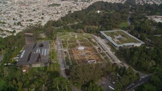 AXSF06_031 - 5K aerial stock footage orbit museums and Music Concourse in Golden Gate Park, San Francisco, California