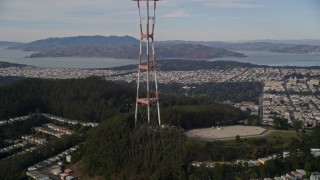 5K aerial stock footage orbit and fly away from iconic Sutro Tower, with a view across San Francisco, California Aerial Stock Footage | AXSF06_038