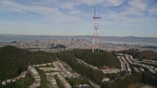 5K aerial stock footage flyby Sutro Tower to focus on Downtown San Francisco, California in the distance Aerial Stock Footage | AXSF06_039