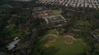 AXSF06_040 - 5K aerial stock footage fly over Inner Sunset to reveal baseball fields and museums in Golden Gate Park, and Inner Richmond urban neighborhoods, San Francisco, California