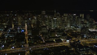 5K aerial stock footage pan across Downtown San Francisco cityscape, California, night Aerial Stock Footage | AXSF07_021