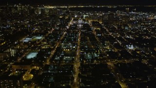 5K aerial stock footage tilt from Fulton Street to reveal San Francisco City Hall, Civic Center, San Francisco, California, night Aerial Stock Footage | AXSF07_055