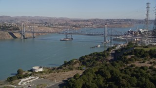 AXSF08_024 - 5K aerial stock footage of the Carquinez Bridge and Carquinez Strait, Crockett, Vallejo, California