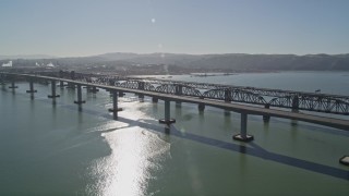 5K aerial stock footage of Benicia-Martinez Bridge spanning Carquinez Strait, California Aerial Stock Footage | AXSF08_043