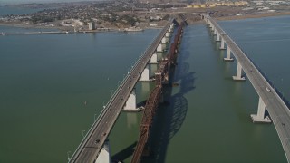 5K aerial stock footage of flying by the Benicia-Martinez Bridge, Carquinez Strait, California Aerial Stock Footage | AXSF08_044